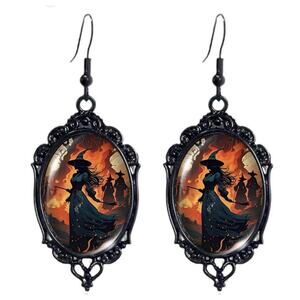 Gothic Mystery Witches Cameo Drop Hook Earrings Lace Frame Black Orange NWT